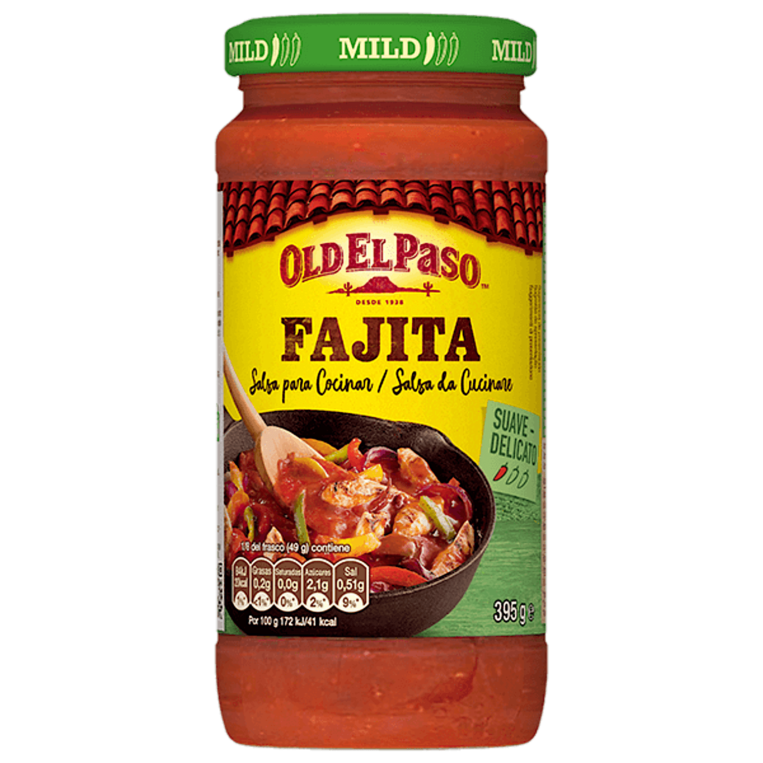 un frasco de vidrio de Old el paso salsa para cocinar fajitas suave, 395g